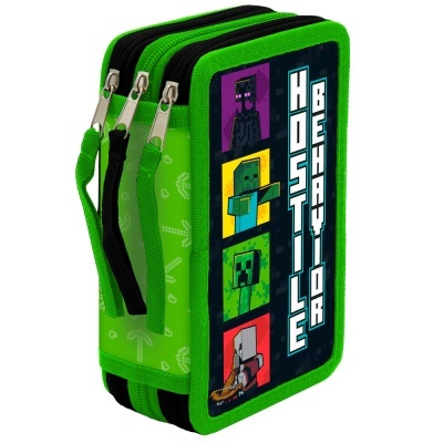 Estojo escolar verde com personagens pixelizadas e texto HOSTILE BEHAVIOUR.
