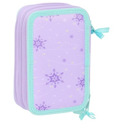Estojo escolar lilás com padrão de flocos de neve e fechos azul claro