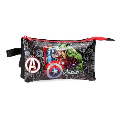 estojo escolar dos Avengers preto com fecho vermelho e pendente com símbolo dos Avengers