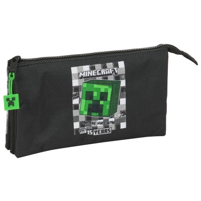 Estojo escolar preto com estampado de Minecraft e fecho verde