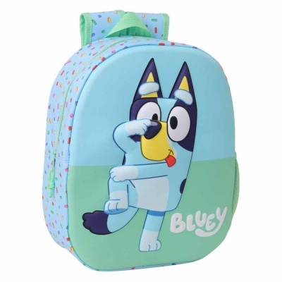 Mochila infantil azul e verde com estampa do personagem Bluey