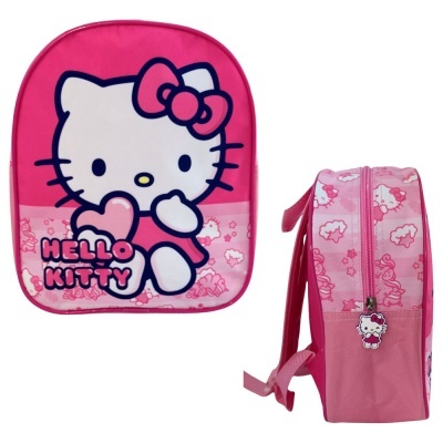 Mochila infantil rosa Hello Kitty com estampa da personagem e fecho de correr