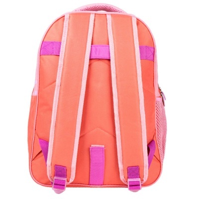 Mochila cor-de-rosa e laranja vista de trás com alças acolchoadas