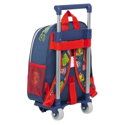 Mochila de rodas azul escura com alças vermelhas e rodas