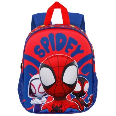 Mochila infantil vermelha e azul com personagens do Homem-Aranha e texto SPIDEY