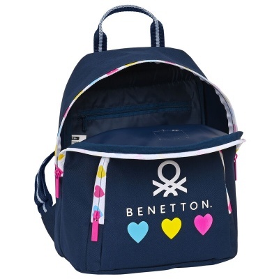 Mochila pequena azul escura com logótipo BENETTON e corações coloridos