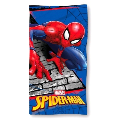 Toalha com Homem-Aranha em fundo azul e tijolos, texto MARVEL SPIDER-MAN