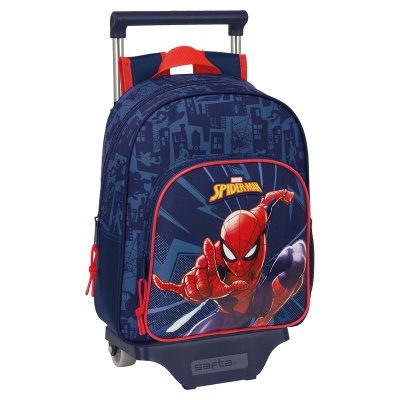 Mochila de rodinhas azul escuro com imagem do Spider-Man vermelho e azul
