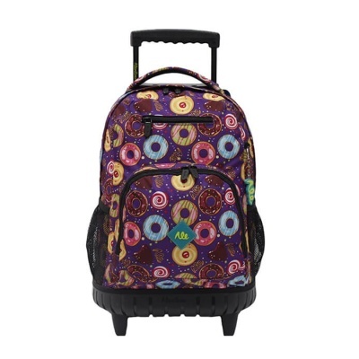 mochila de rodinhas com padrão de donuts coloridos em fundo roxo