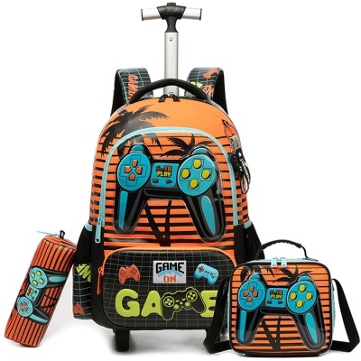Conjunto de mochila de rodinhas, lancheira e estojo com estampa de comandos de video-game.