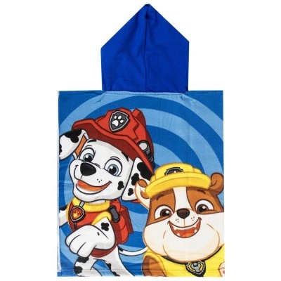 Pano de banho infantil azul com capuz e personagens de desenho animado