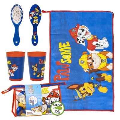 Conjunto infantil Paw Patrol com escovas, copos e toalha coloridos com personagens e texto PAW SOME