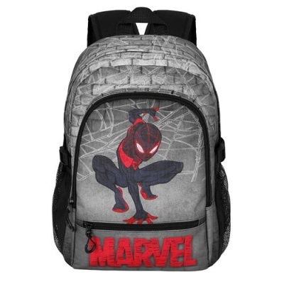 Mochila cinza com estampa do Homem-Aranha e escrita MARVEL vermelha