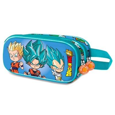 Estojo azul com personagens Dragon Ball Super estilo cartoon e fechos com penduradores laranja
