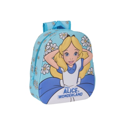 Mochila infantil azul clara com personagem Alice em Wonderland e flores brancas