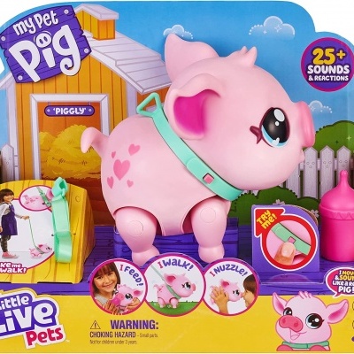 Brinquedo porquinho rosa Little Live Pets com embalagem colorida e texto explicativo