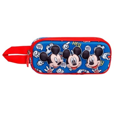 Estojo escolar azul e vermelho com estampado do Mickey Mouse