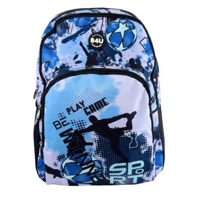 Mochila desportiva azul e branca com padrão de futebol e texto