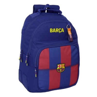Mochila azul e vermelha com escudo do FC Barcelona e texto BARÇA