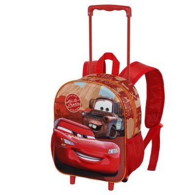 mochila infantil com carrinho e estampado Cars vermelha e castanha