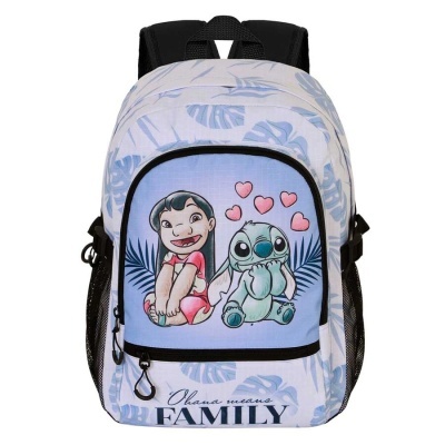 Mochila azul claro com estampa de personagens e texto 'Ohana means FAMILY'