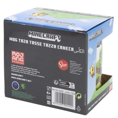 Caixa de cartão para caneca Minecraft com texto multilingue e logotipos