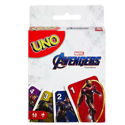 Embalagem do jogo de cartas UNO Avengers Marvel com ilustrações dos Vingadores