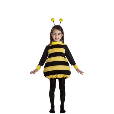 Vestido infantil amarelo e preto com riscas de abelha e tiara com antenas.