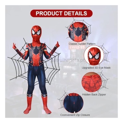 Fato de Homem-Aranha para criança com padrão clássico, máscara 3D, fechos ocultos e zip vermelho, preto e azul