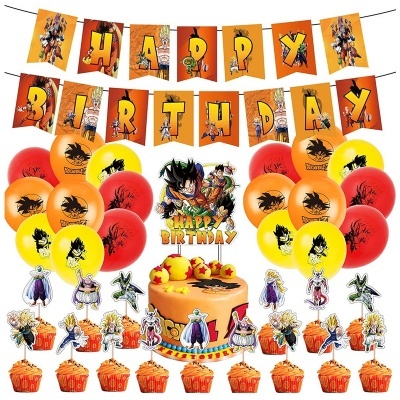 Decoração de aniversário Dragon Ball com faixa, balões, bolo e toppers de personagens.