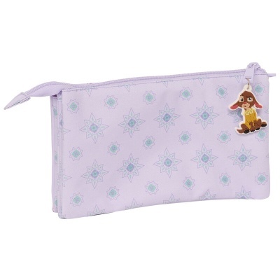 Estojo escolar lilás com padrão de estrelas e pendente de personagem animado