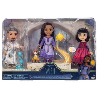 Conjunto Disney WISH com três bonecos, cão, bastão e ampulheta em embalagem