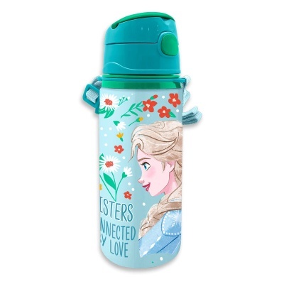 Garrafa infantil azul com tampa verde e estampa da personagem Elsa e flores