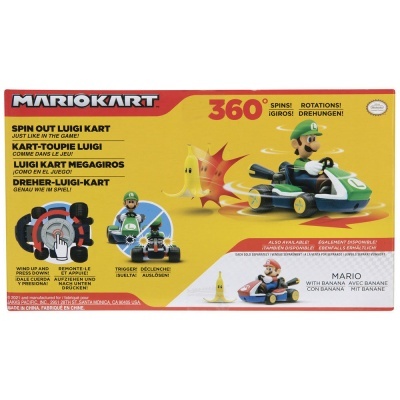 Embalagem do brinquedo Spin Out Luigi Kart com imagem do carro de Luigi e texto promocional