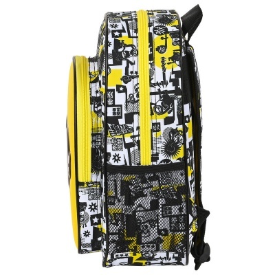 Mochila padrão gráfico preto branco amarelo vista lateral