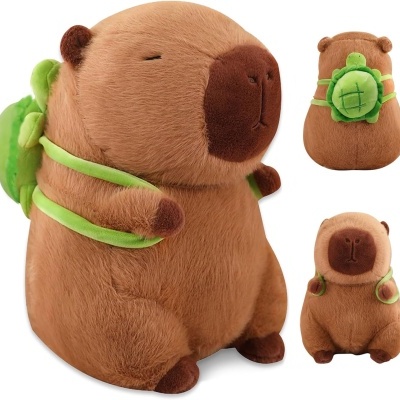 Pelúcia castor castanha com mochila verde em fundo branco