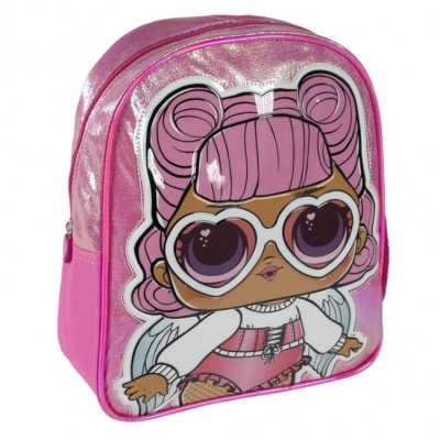 Mochila infantil cor de rosa com estampa de boneca estilizada