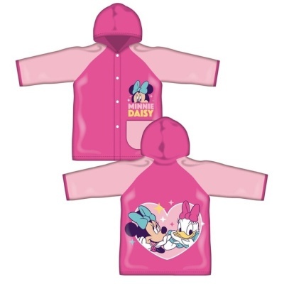 Casaco impermeável infantil rosa com capuz e imagem da Minnie e Daisy