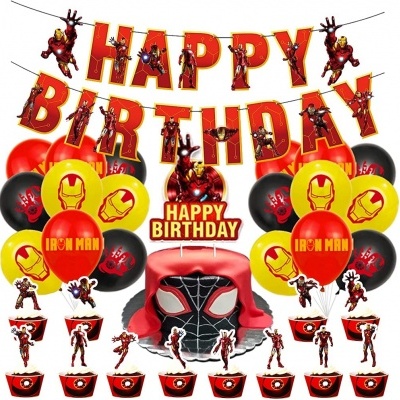 Decoração de festa com balões e letras HAPPY BIRTHDAY com tema Iron Man