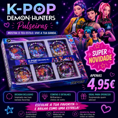 Embalagem com pulseiras K-POP DEMON HUNTERS roxas com contas prateadas e pendentes coloridos