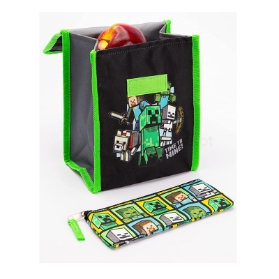 Saco térmico preto e estojo com estampas Minecraft em tecido