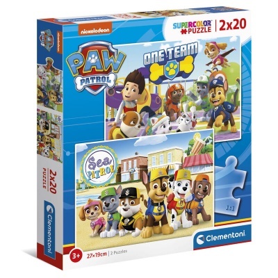 Caixa de puzzle Paw Patrol com 2x20 peças, personagens coloridos e texto em inglês