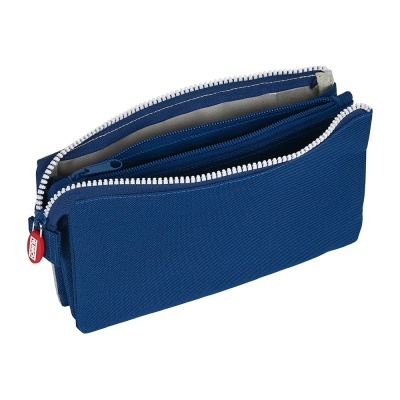 Carteira azul escura com três compartimentos e fechos de correr