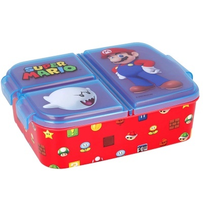 Marmita Super Mario azul e vermelha com ícones do jogo