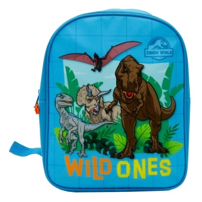 Mochila azul com dinossauros e logótipo Jurassic World