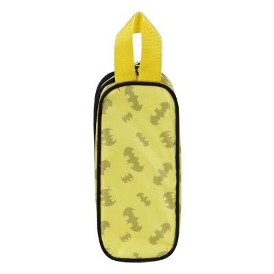 Necessaire ou estojo amarelo com padrão de morcegos e alça amarela