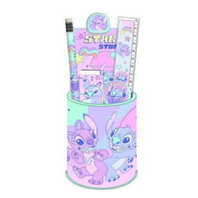 Conjunto de material de escritório colorido com personagens Stitch e Angel da Disney