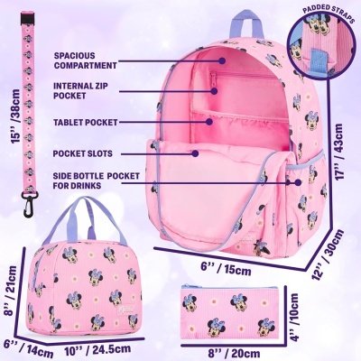 Conjunto rosa Minnie Mouse com mochila, lancheira, estojo e correia com alças acolchoadas.