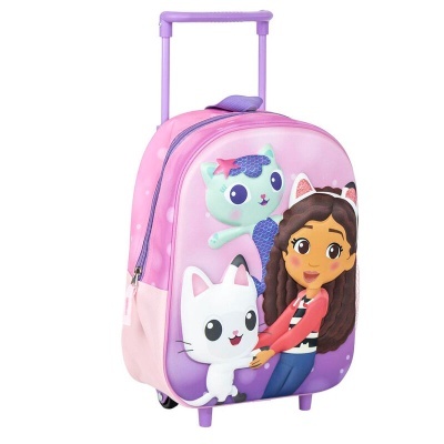 Mala de viagem infantil cor-de-rosa com personagem animada e gatos