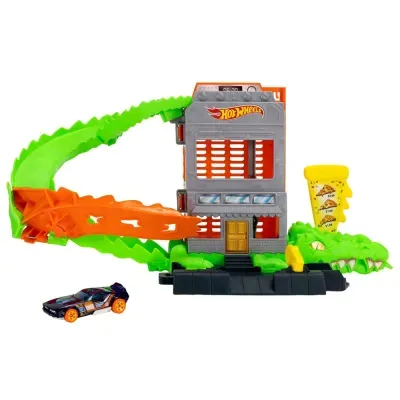 Brinquedo Hot Wheels com pista de corrida e carro preto